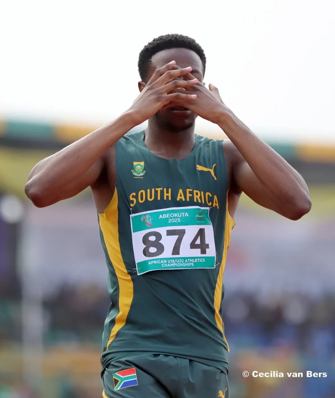 Sihle in the South Africa kit with his hands over his face