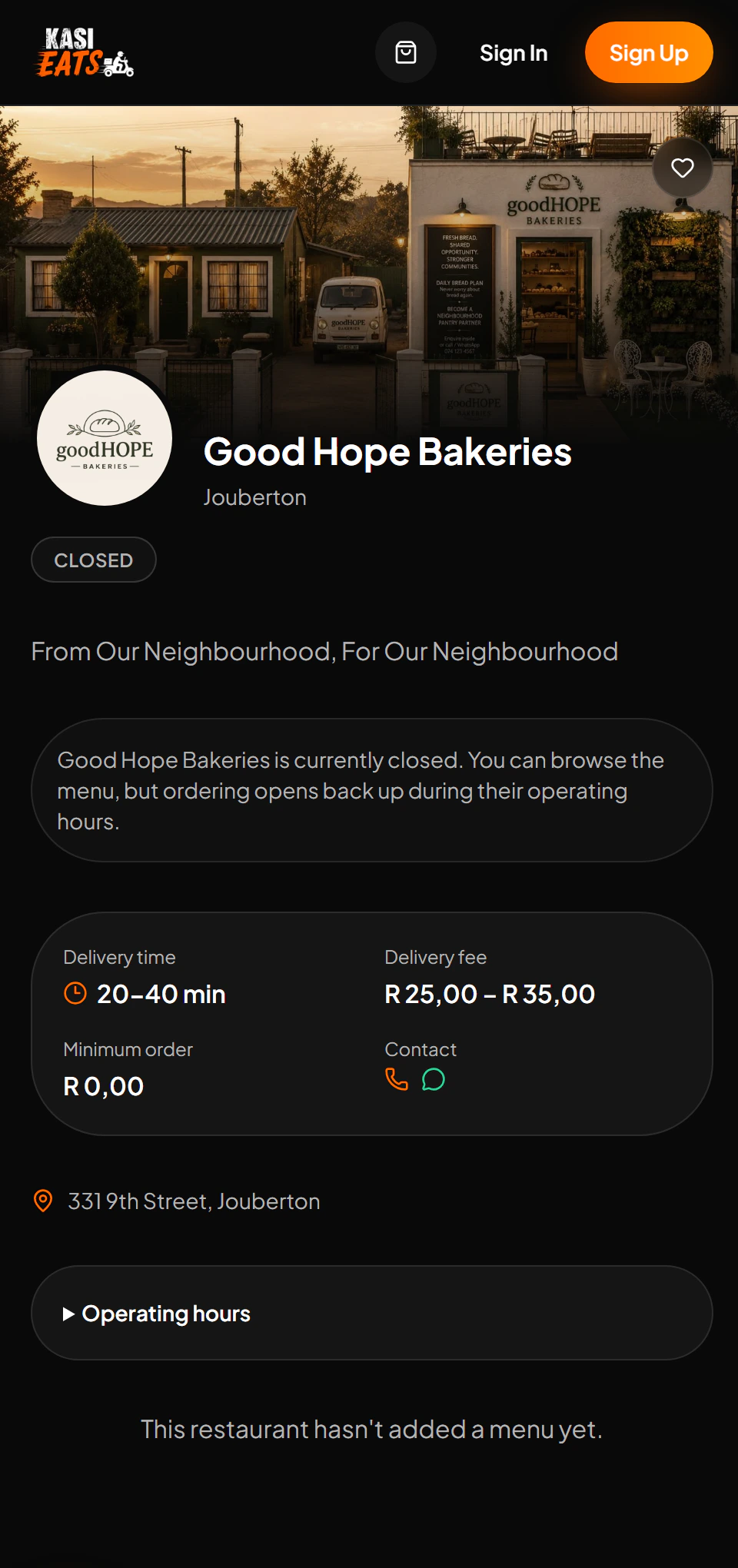 Good Hope Bakeries’ page on Kasi Eats mobile