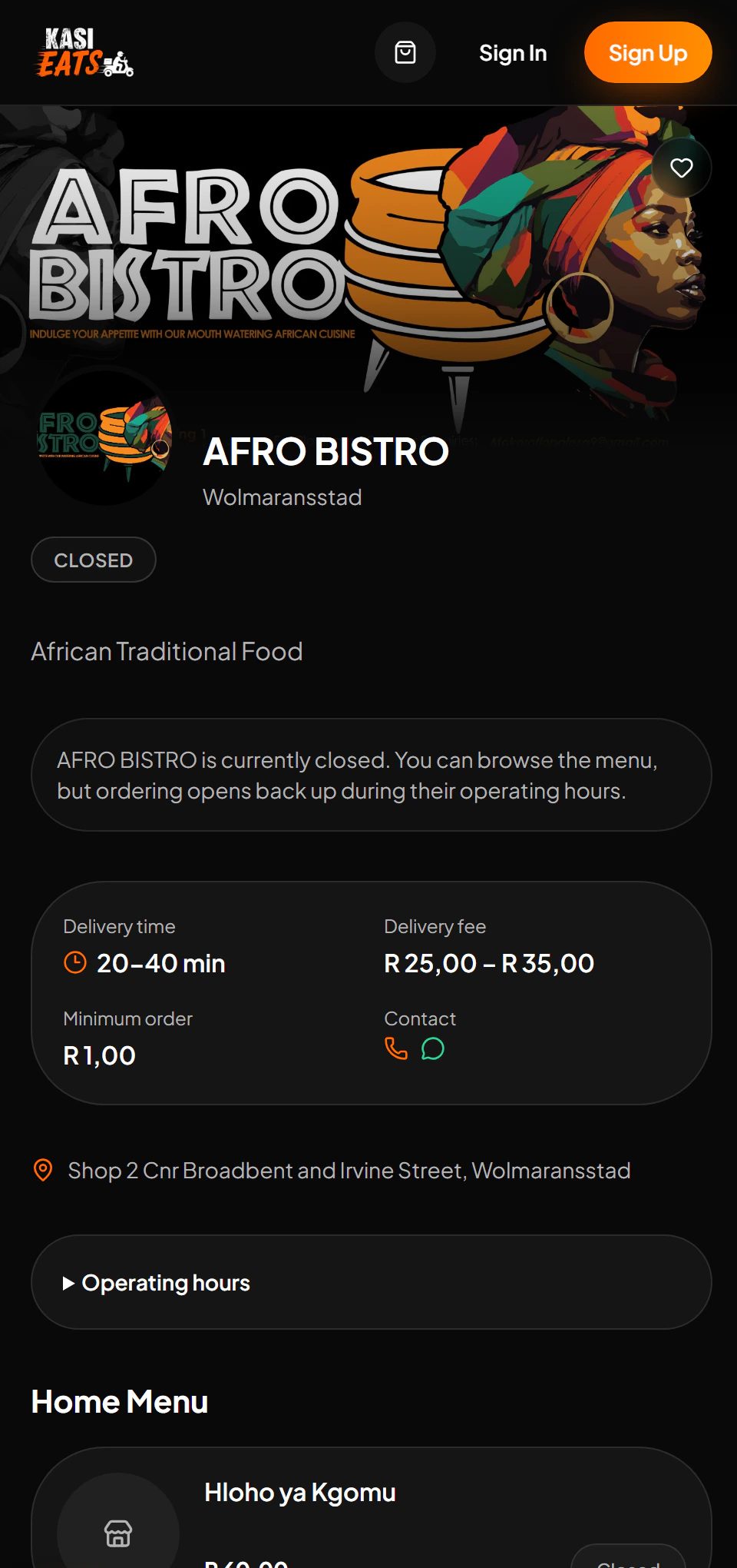 Afro Bistro’s page on Kasi Eats mobile