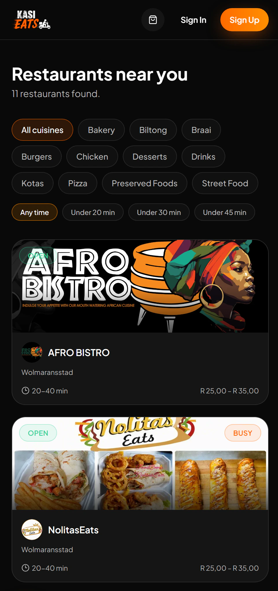 Kasi Eats restaurant listings on mobile